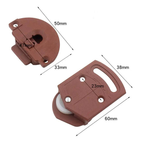 Pro Grade Dead Silent Sliding Door Roller Wheel Kit Two Pack with brown ABS rollers and white nylon wheels, dimensions shown.