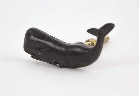Set Of Six Black Painted Cast Iron Whale Drawer Pulls For Badass Rustic Nautical Furniture Decor With Hella Cool Handcrafted Aged Finish And Sweet Coastal Vibe, single whale drawer knob side view.