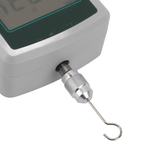 Close-up of Deadly Accurate Digital Force Gauge 1N To 10N Range with push-pull hook attachment for precise measurements.