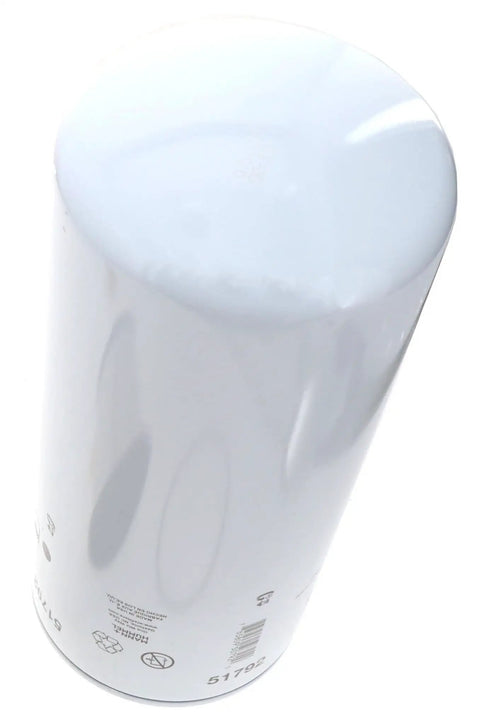 Heavy Duty Spin On Lube Filter 51792 Built Tough With High Dirt Holding Capacity, vertical view of white cylindrical filter