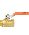 Heavy Duty Pro Level Hard Cast Brass Ball Shut Off Valve For Residential Plumbing And Water Systems close-up with orange handle.