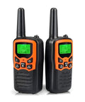 Long Range Walkie Talkies For Adults 2 Pack With 22 FRS Channels 99 CTCSS Privacy Tones VOX LCD Display And LED Flashlight For Hiking Camping And Family Backcountry Adventures Orange, showing orange and black design with LCD display