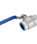 Heavy Duty 304 Stainless Steel Full Port Female Ball Valve Featuring Smooth Operator Design For Rock Solid Plumbing Control And Zero Hassle Water Line Shut Off On Three Quarter Inch Bspt Thread, showcasing its two-piece design and blue handle.