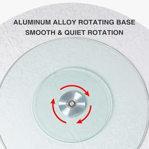 Rock Solid Tempered Glass Lazy Susan Rotating Serving Tray King Size Heavy Duty Silent Swivel Turntable For Centerpieces Kitchen Dining Room Smooth Operation Bad Ass Build and Easy Clean 34 Inch with aluminum alloy rotating base.