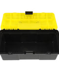Portable Plastic Tool Box With Secure Buckles Lightweight Durable Storage Case For Outdoor DIY Projects, open view with black and yellow design.