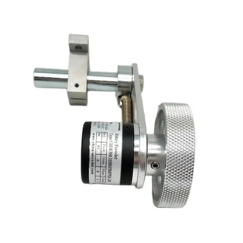 Rock Solid Industrial Length Measuring Device With Non Slip Metal Perimeter Wheel and Sturdy Mounting Arm, close-up view.