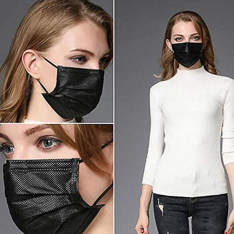 3 Ply Black Disposable Face Mask Pack Of 100 With Non Woven Fabric, Comfortable Elastic Earloops, model wearing mask