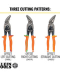 Three Klein Tools offset aviation tin snips with orange handles for left, right, and straight cuts