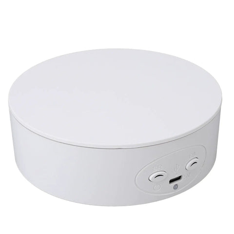 Slick 5 Inch Motorized Rotating Display Stand And Electric Turntable For Jewelry Videos Smooth 360 Degree Auto Rotation In Crisp White.
