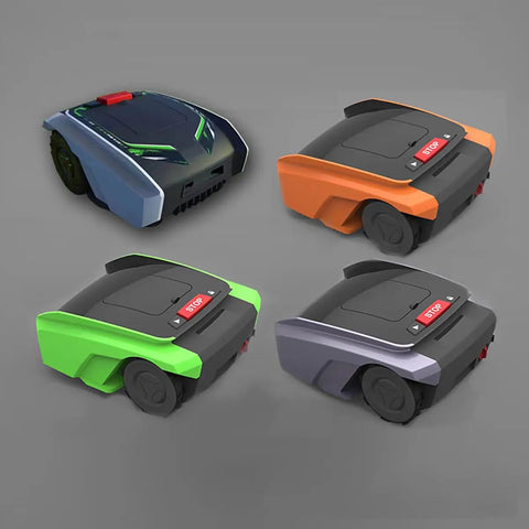 Four fully automatic smart lawn mowers in different colors with rain shield sealing