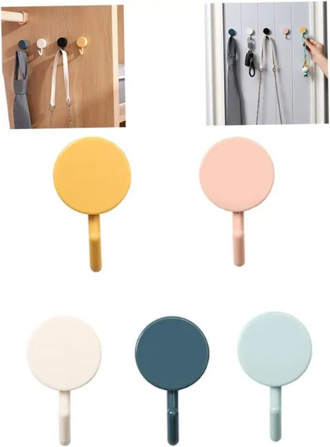 Set Of Ten Peel And Stick Wall Hooks Featuring Strong Adhesive Grip Easy Peasy Peel Backing For Bathroom Organization with colorful designs.
