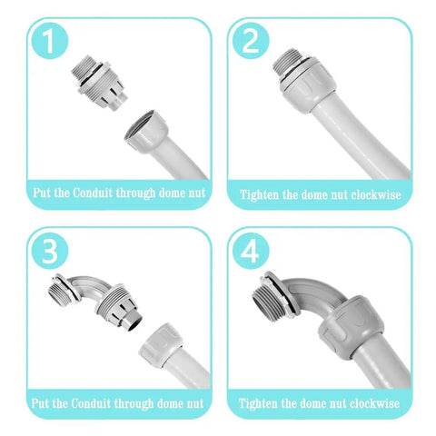 Installation steps for 32 Pack 3 Quarter Inch Liquid Tight NPT Non-Metallic PVC Electrical Conduit Fittings Set with connectors.