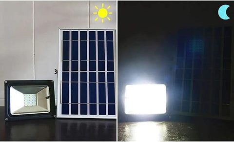 Built Tough Solar Led Flood Light With Wireless Dimmable Remote And Ip66 Waterproof Housing next to solar panel, demonstrating sunlight and lighting.