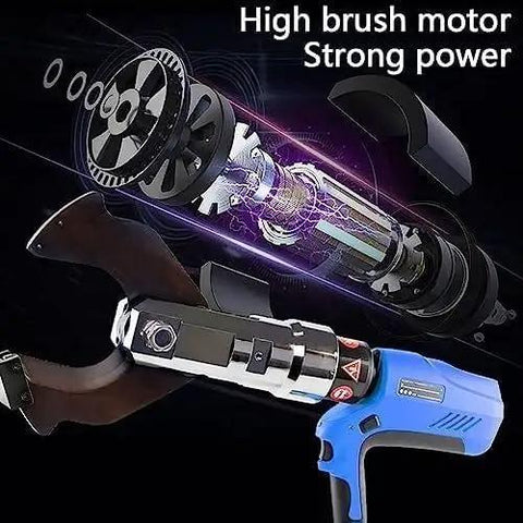 Heavy Hitting Electric Hydraulic Cable Cutter And Wire Crimper With Bright LED Screen And Swap Ready Battery For Aluminum And Armored Copper Wires Clean Cuts Zero Hassle Contractor Staple with high brush motor shown.