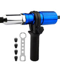 Attachment Kit For Drill With High Torque Pop Rivet Head, blue electric rivet tool with additional fittings and wrench.
