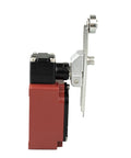 Side view of adjustable roller limit switch with red housing, black actuator, and metal mounting bracket.