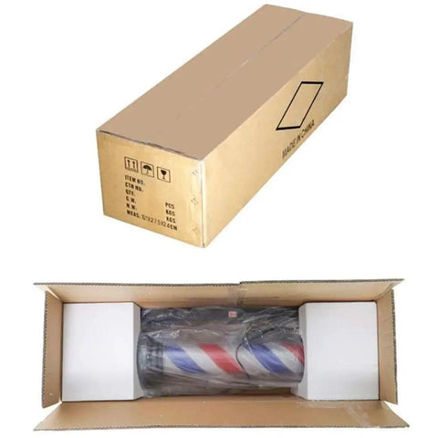 Top Shelf Rotating Barber Pole Light in cardboard box showing packaging details for waterproof outdoor wall lamp.