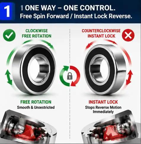 Heavy Duty Sprag Clutch Bearing One Way Freewheel Zero Backlash 25X52X15MM Keyway showing free spin forward and instant lock reverse.
