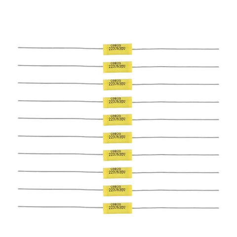 Ten pieces of Top Shelf Polyester Film Capacitor Kit 630V 0.022uF Axial Leads with yellow bodies, ideal for vintage radio and tube amp repairs.