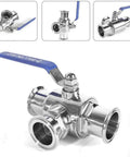 Professional Grade Hardcore Stainless Steel 3 Way Tri Clamp T Port Ball Valve With Slick Quarter Turn Handle angle view, showcasing smooth design.