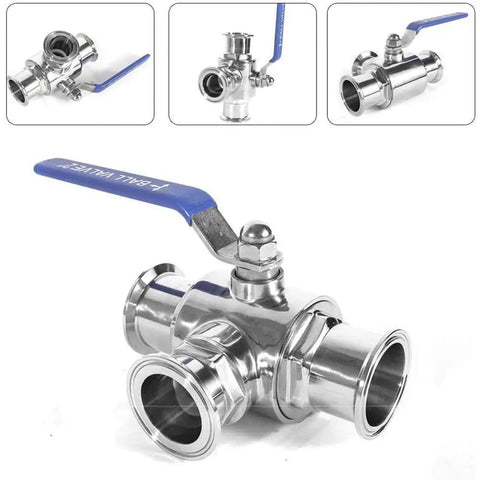 Professional Grade Hardcore Stainless Steel 3 Way Tri Clamp T Port Ball Valve With Slick Quarter Turn Handle angle view, showcasing smooth design.