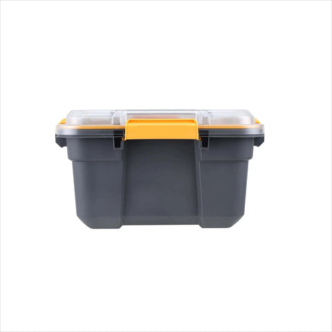 Heavy Duty IP68 Waterproof Plastic Storage Tote Featuring Tough As Nails Gasket Seal And Secure Latches Rugged Gray Bin front view with yellow latch.