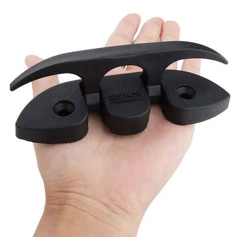 4 Pack 5 Inch Folding Dock Cleat Flip Up Cleat With Long And Short Screws M6 Nylon Black 2 Holes Saltwater Ready Marine Grade Hardware For Boats Deck Mount Dock Gear That Holds Up In Saltwater displayed on hand.