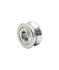 Two Piece V Groove Linear Bearing Replacement With Precision Steel Rollers For Frictionless Shaft Guidance And Steady Rotation In Automation Gear Sized At Twelve By Thirty Nine Point Nine By Eighteen Millimeters. Close-up of stainless steel bearing.