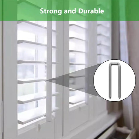 Fixin Your Shutters Now Score This Plantation Shutter Staple Repair Kit With 40 Pieces To Mend Broken Hardware And Bring Back Smooth Gliding Action For Windows Measuring 15X5mm Across For A Stress Free Home, showing zinc-plated staples in plantation shutters.