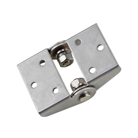 Close-up of adjustable damping hinge in stainless steel 304, high-torque industrial cabinet hardware.