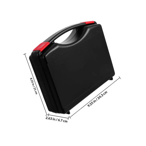 Go Anywhere Heavy Duty Plastic Tool Box Featuring Hella Spacious Compartments With Secure Snap Latches Plus Badass Job Site Organizer And Comfort Carry Handle, black with red accents, side view showing dimensions.
