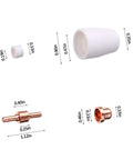 Various components from a Plasma Cutting Consumables Kit 100Pcs Includes Shield Cups Nozzles Swirl Baffles Electrodes For PT31 Cutter Torch And Pro Grade Compatibility With CUT-45 CUT-50 CT-312 JG-40 LG-40 with measurements.