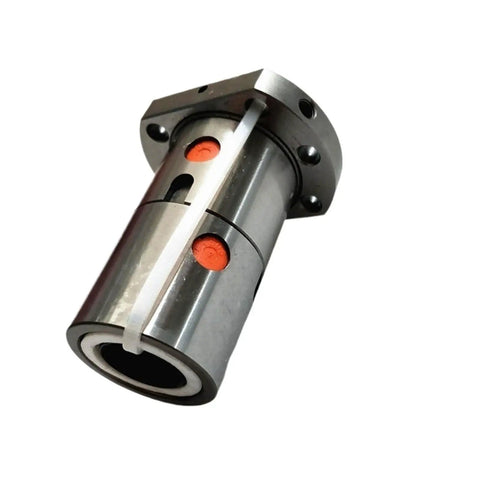 Built Dang Tough C7 Grade 16mm Ball Screw With Double Flange Nut Right Hand Thread 5mm Pitch Smooth Linear Motion Rail For CNC Routers Serious Industrial Mods And Precision Work, close-up view of the nut and flange.