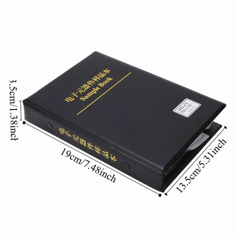 Top Tier 0402 Resistor Assortment Kit With 8500 Pieces And 170 Values locked in a black sample book for electronics.