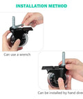 Installation method for Top Tier 3 Inch Lockable Swivel Casters With Dead Silent Non Marking Rollers and 3/8 16 threaded stem.