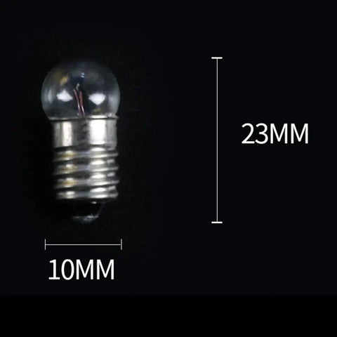E10 Miniature Bulb showing dimensions 10mm x 23mm, designed for 12 Volt DC use in dashboards and flashlights.