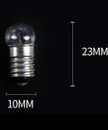 E10 miniature bulb dimensions showing 10mm width and 23mm height for Pack Of Fifty E10 Miniature Bulbs Serving Up A Crisp Warm White Glow At 2.5 Volts And 0.3 Amps Kickin Bright Pilot Lamps Making Wiring No Sweat For Flashlights And Dashboards.
