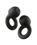 Loop Quiet 2 ear plugs, two black silicone ear plugs with circular ring bases.