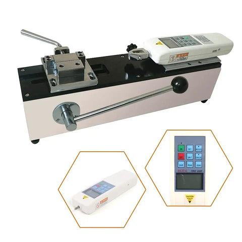 Hardcore Commercial Digital Force Gauge And Push Pull Meter With Slick 500N Tensile Testing Bench Platform For Knockout Horizontal Wire Harness Pull Strength Verification device featuring handheld meter and robust test stand.