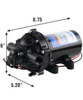 Beefy 4.0 GPM 12V Diaphragm Pump With Half Inch NPT Ports, Self Priming Up To Eight Feet, Boxed Unit, black with measurements
