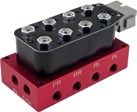 Built Tough 12V Air Suspension Manifold Kit With 8 Red Solenoid Valves And 7 Switch Wired Remote, top view with connections