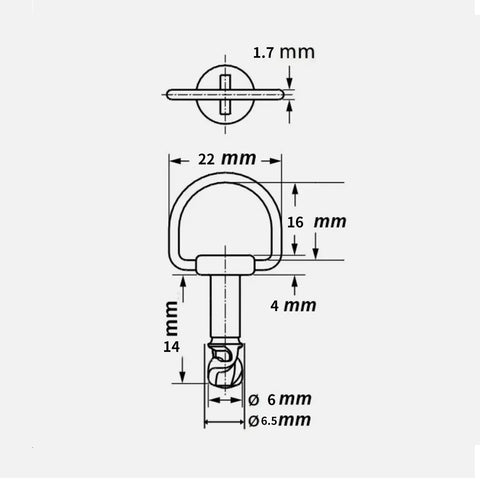 Diagram of D Ring Quick Release Fairing Fasteners For Motorcycles And Bikes 14mm Universal Fit Quarter Turn Bolts Set dimensions.