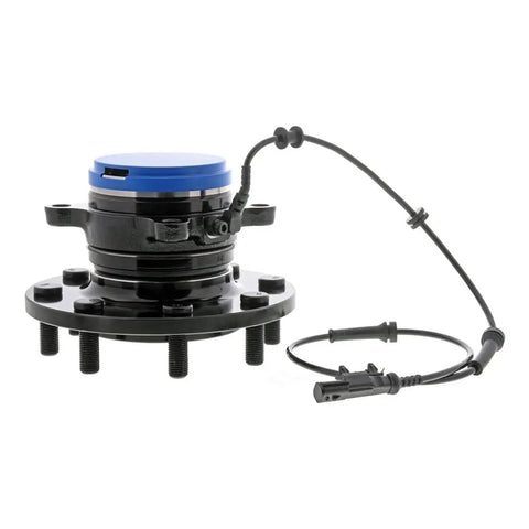 Front Wheel Bearing And Hub Assembly For Quick Bolt On Swap And Smooth Handling, black with blue cap and connector.