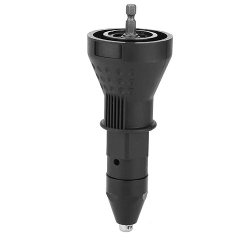 Close-up of Rivet Nut Gun Adapter Kit with Manual Handle for drill assisted pulling and screwing applications, black metal and plastic.