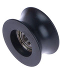 One Piece Heavy Duty Nylon Pom Pulley Wheel With Grippy Rubber Coating U Shaped Groove Track For Zero Friction Sliding Doors And Drawer Hardware Smooth Rolling Black Bearing Assembly, close-up view.