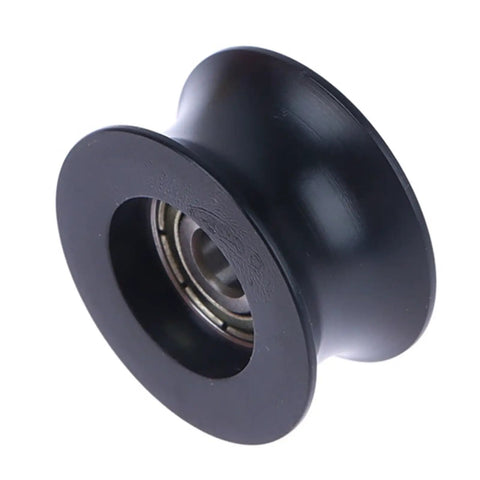One Piece Heavy Duty Nylon Pom Pulley Wheel With Grippy Rubber Coating U Shaped Groove Track For Zero Friction Sliding Doors And Drawer Hardware Smooth Rolling Black Bearing Assembly, close-up view.