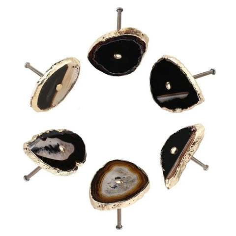 Premium Natural Agate Stone Drawer Handles With Brushed Gold Cabinet Knobs, six unique knobs, featuring smooth edges and screw mounts.