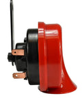Get That Loud Two Tone Blast With This Twin Trumpet 12V Horn Kit Featuring A Sturdy Red Bracket installed on a vehicle