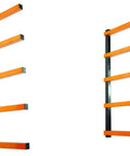 Hella Sturdy Five Tier Lumber Storage Rack With Adjustable Width For Garage And Home Workshop Organizing Heavy Duty Multi Level Wood Board Shelves in black and orange.