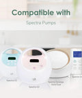 Compatible Spectra breast pumps, including S1, S2, Synergy Gold Dual, and 9 Plus, shown on a countertop in a home setting.